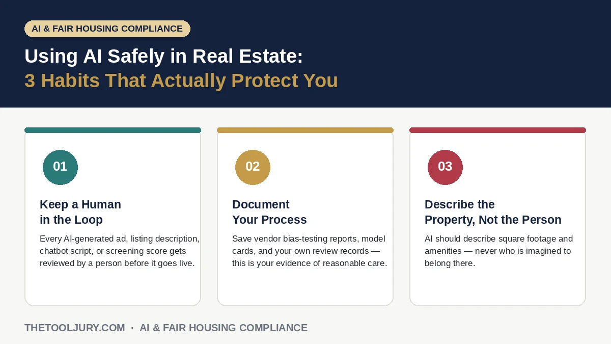 Infographic showing three AI fair housing compliance habits: human review, documentation, and property-focused descriptions