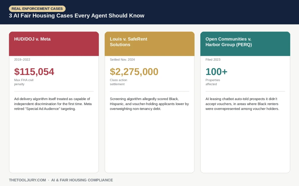 Comparison graphic of three AI fair housing enforcement cases: Meta advertising settlement, SafeRent tenant screening settlement, and Open Communities chatbot lawsuit