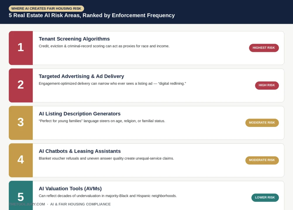 Diagram ranking five real estate AI risk areas for fair housing violations: tenant screening, ad targeting, listing descriptions,chatbots, and valuation models of AI & Fair Housing Compliance