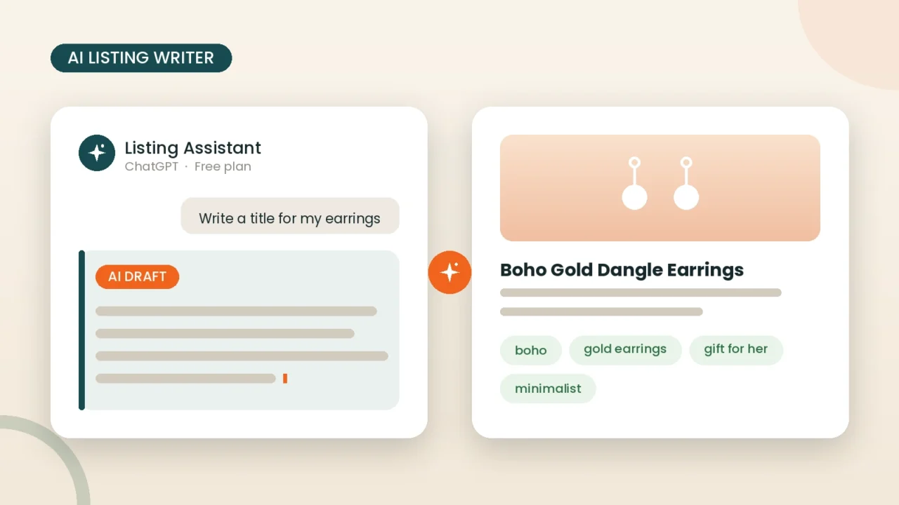 AI chat assistant writing an Etsy product title and description for a gold earrings listing which is a free ai tools for etsy sellers