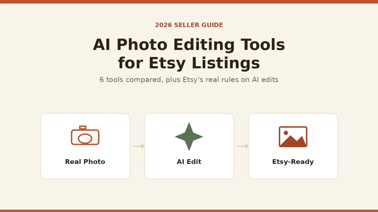 AI photo editing tools for Etsy listings comparison guide showing a real photo, an AI edit step, and an Etsy-ready product image