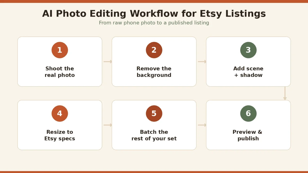 AI photo editing workflow for Etsy sellers showing six steps from shooting the real photo to previewing and publishing the listing