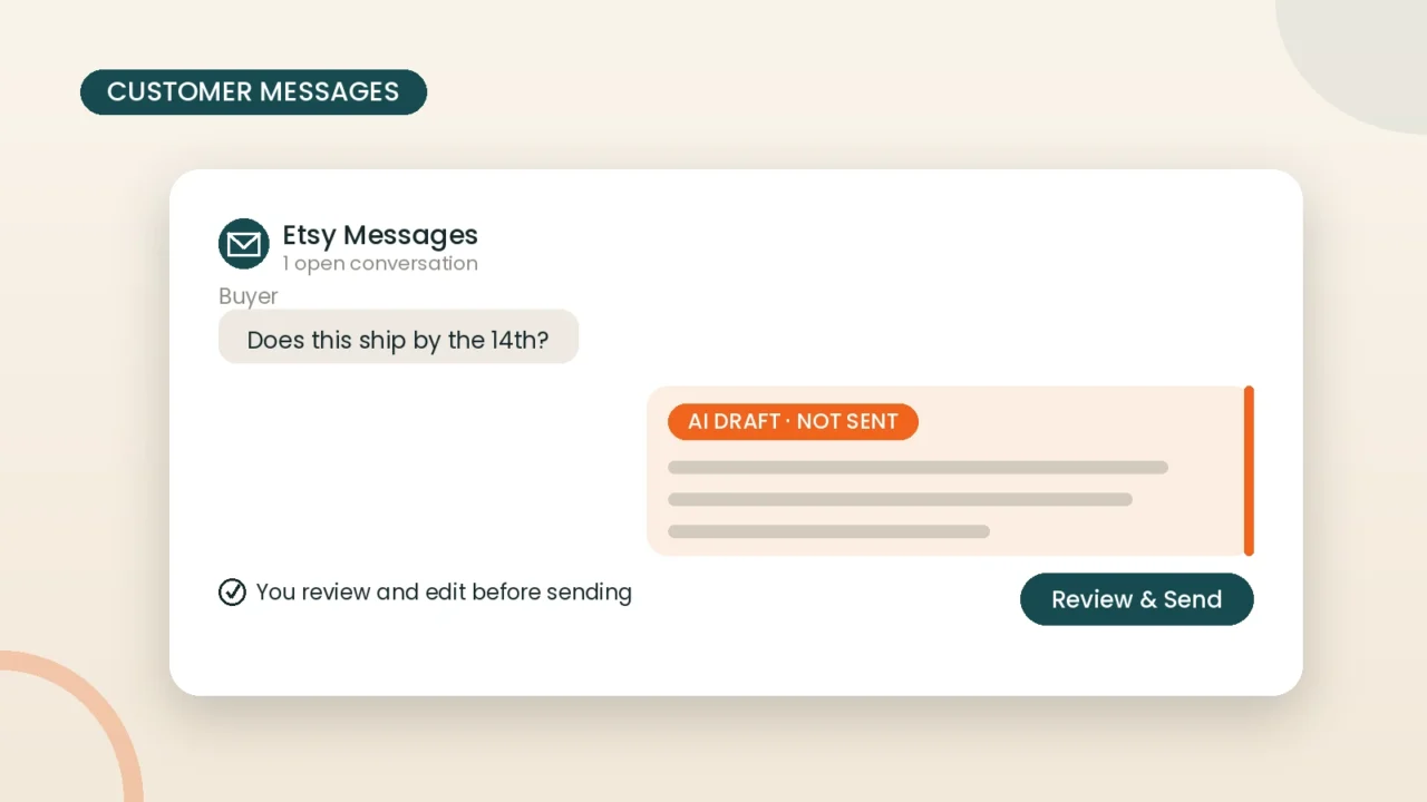  AI reply assistant drafting a response to an Etsy buyer message for review before sending 