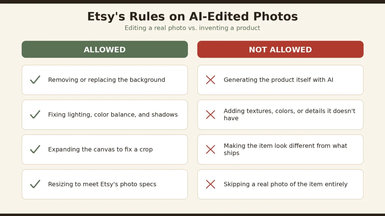 Etsy's rules on AI-edited photos showing allowed edits like background removal and lighting fixes versus not allowed edits like generating the product with AI