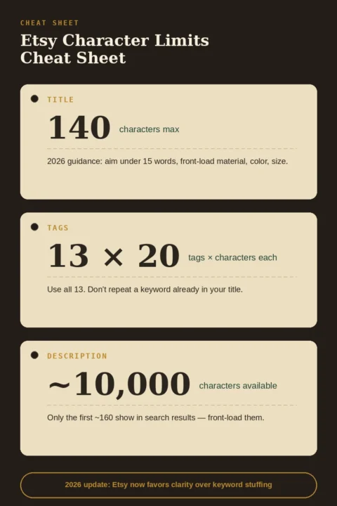 Etsy listing character limits cheat sheet for titles, tags, and descriptions