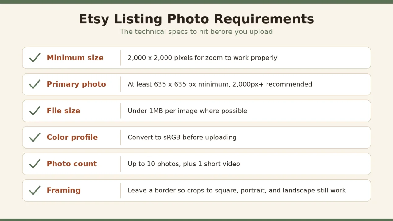 Etsy listing photo size requirements checklist showing minimum pixel size, file size, sRGB color profile, and photo count