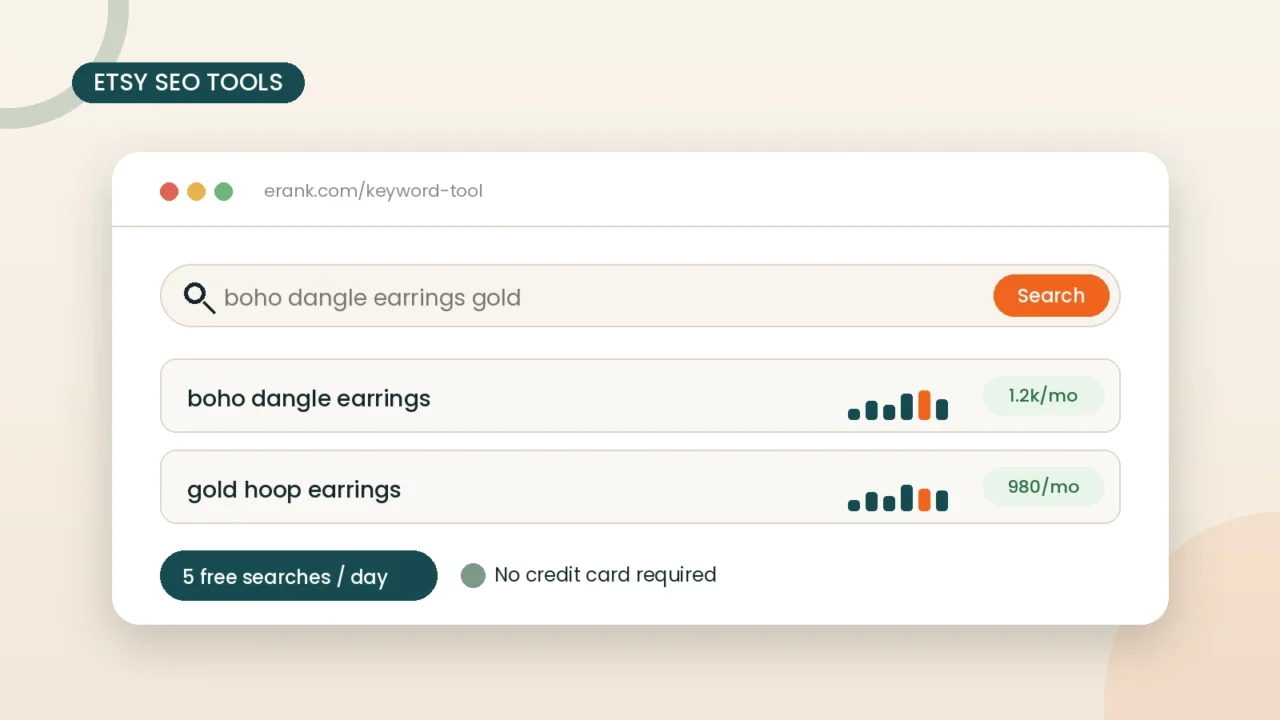 Free AI keyword research dashboard showing Etsy search terms and monthly search volume