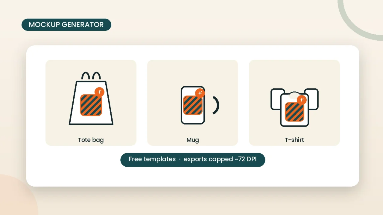 Free AI mockup generator templates for a tote bag, mug, and t-shirt Etsy listing