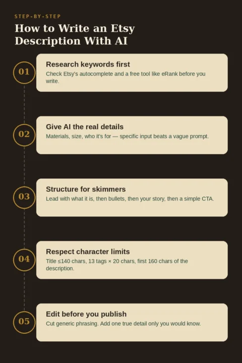 Five-step infographic showing how to write an Etsy product description with AI
