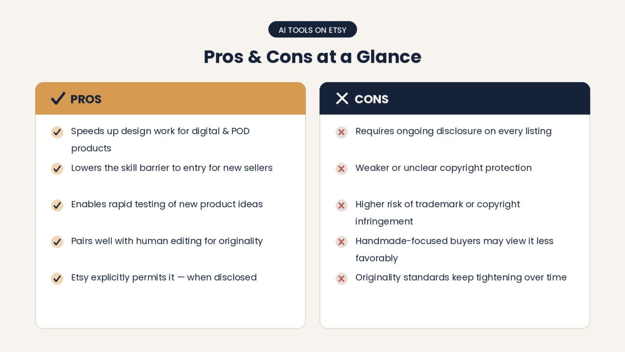 Right after "Pros and Cons" heading, before the table | Pros and cons comparison chart for using AI tools in an Etsy shop, covering speed, originality, copyright risk, and disclosure requirements