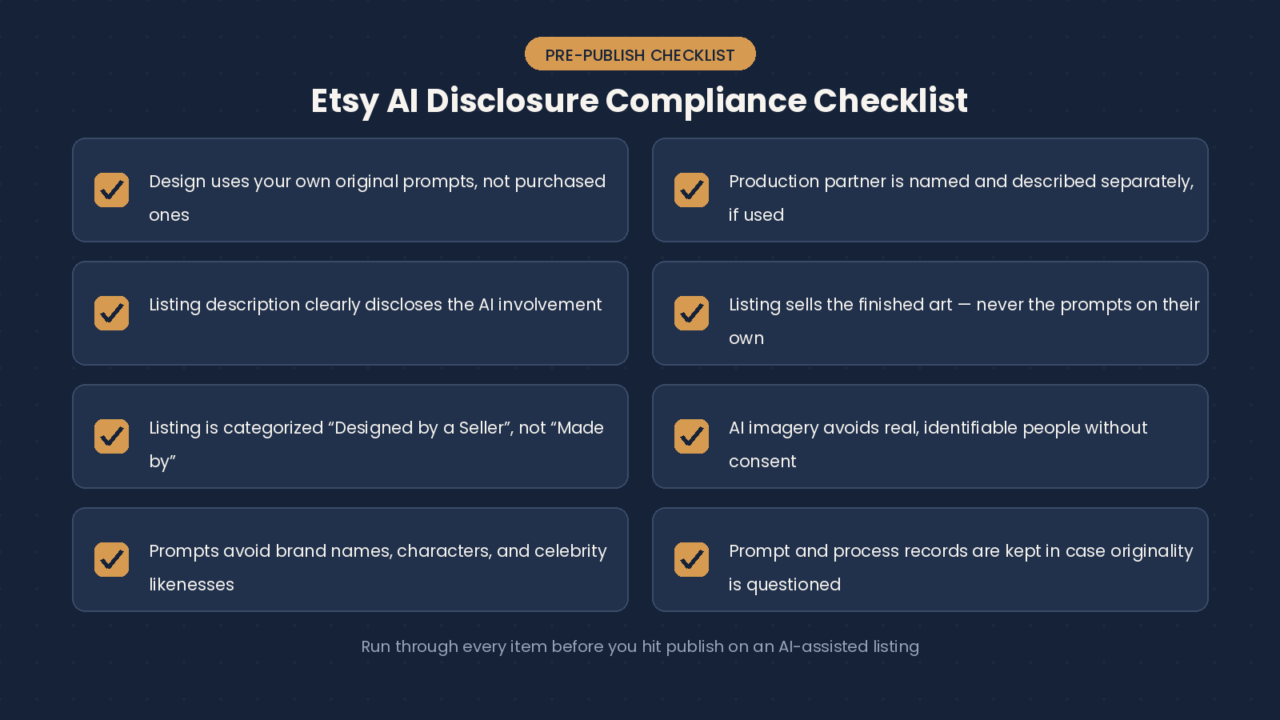 Etsy AI disclosure compliance checklist with eight items for sellers to review before publishing an AI-assisted listing