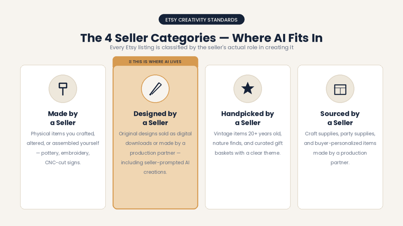 End of "Creativity Standards" intro, before the 4 subsections | Etsy Creativity Standards four seller categories: made by, designed by, handpicked by, and sourced by a seller, with designed by a seller highlighted as where AI fits