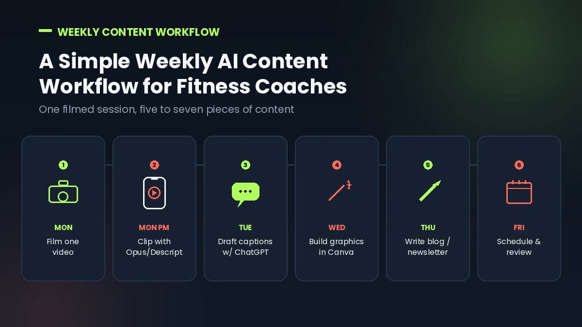 Weekly AI content workflow for fitness coaches from filming to scheduling, Monday through Friday